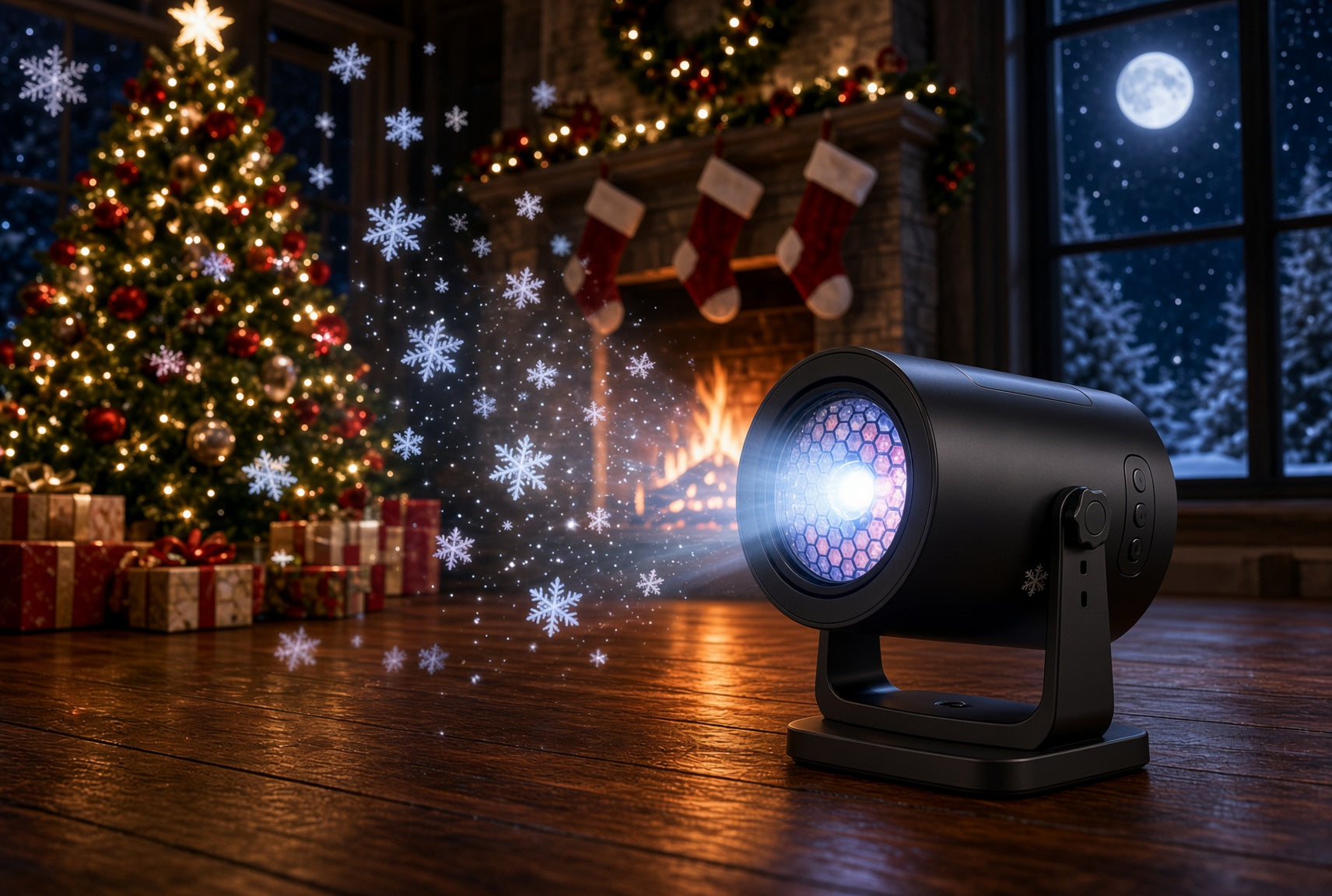 A black LED snowflake projector lamp on a wooden table in a cozy Christmas living room, casting bright white and blue snowflakes and starry lights toward the fireplace and tree.