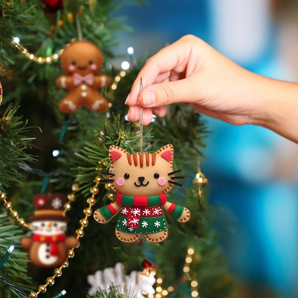 Flat Gingerbread Cat Tree Toppers Christmas Ornaments