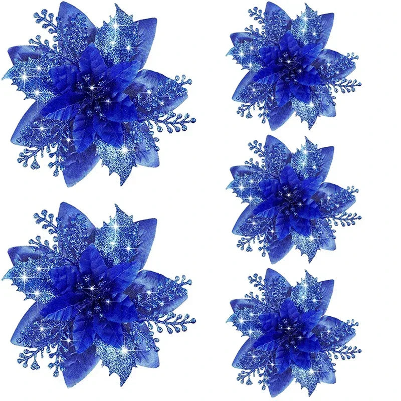 Glitter Artificial Christmas Flowers Merry Tree Ornaments