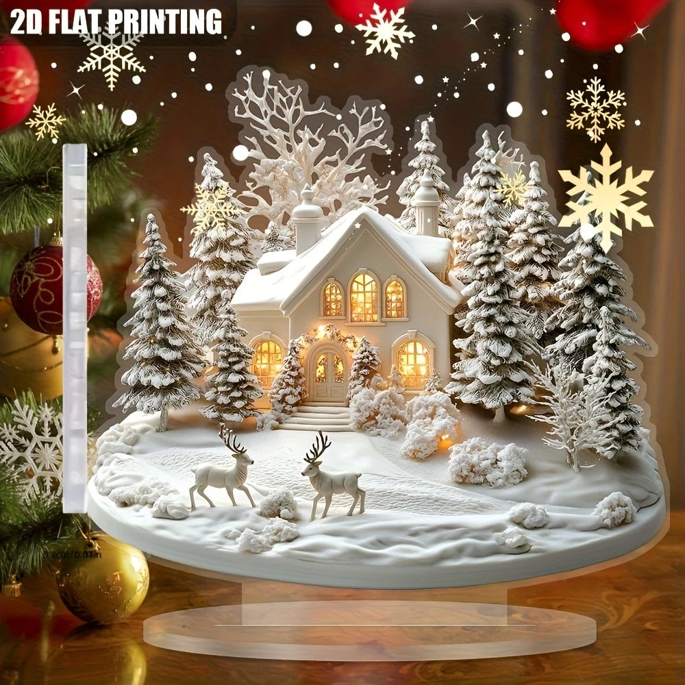 Elegant Acrylic Christmas Snowhouse Reindeer Scene Ornaments