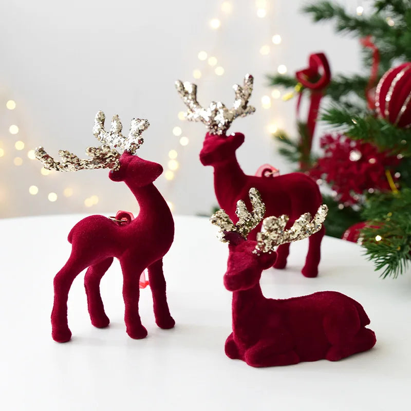 Christmas elk glitter burgundy flocked deer ornament,