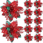 Glitter Artificial Christmas Flowers Merry Tree Ornaments