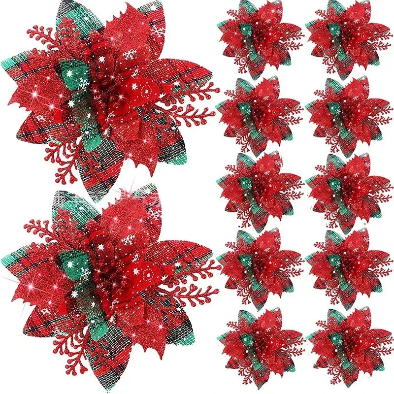 Glitter Artificial Christmas Flowers Merry Tree Ornaments