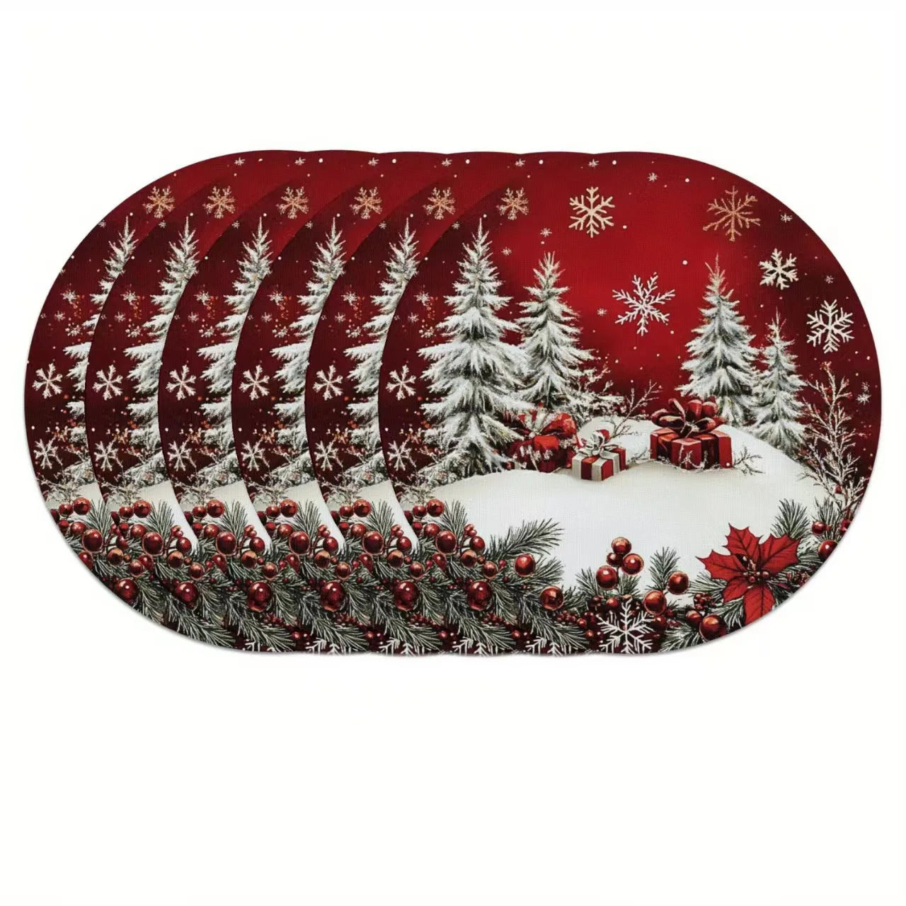 6pcs winter placemat -38cm round, Christmas snowflake pattern, anti slip and heat-resistant, for Christmas decorative placemats