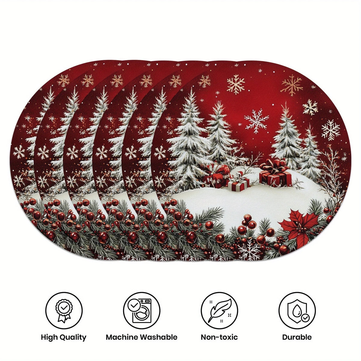 6pcs winter placemat -38cm round, Christmas snowflake pattern, anti slip and heat-resistant, for Christmas decorative placemats