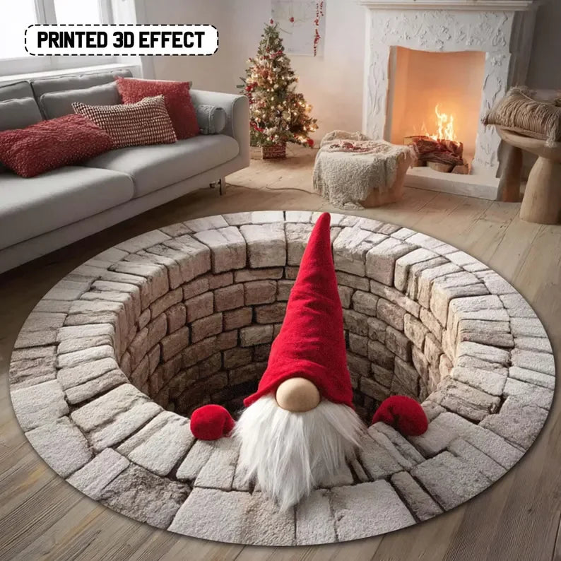 Christmas Gnome Round Rug Illusion Mat Holiday