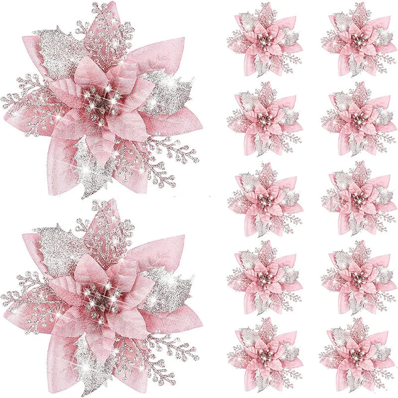 Glitter Artificial Christmas Flowers Merry Tree Ornaments