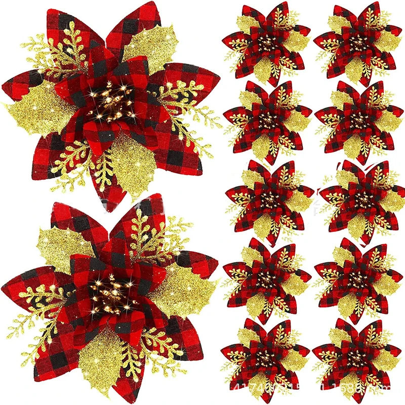 Glitter Artificial Christmas Flowers Merry Tree Ornaments