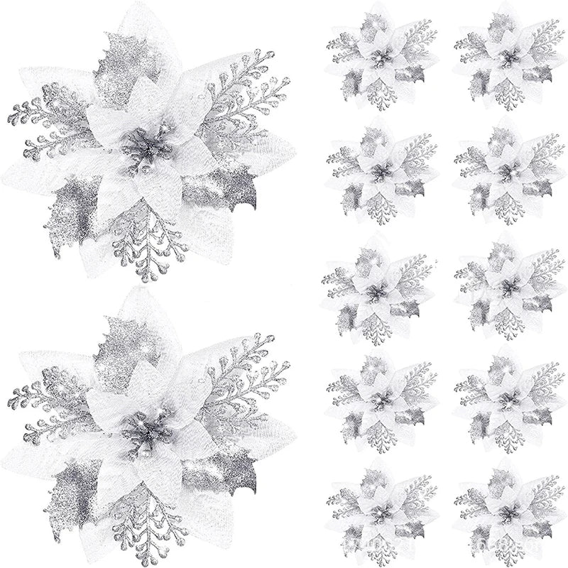 Glitter Artificial Christmas Flowers Merry Tree Ornaments