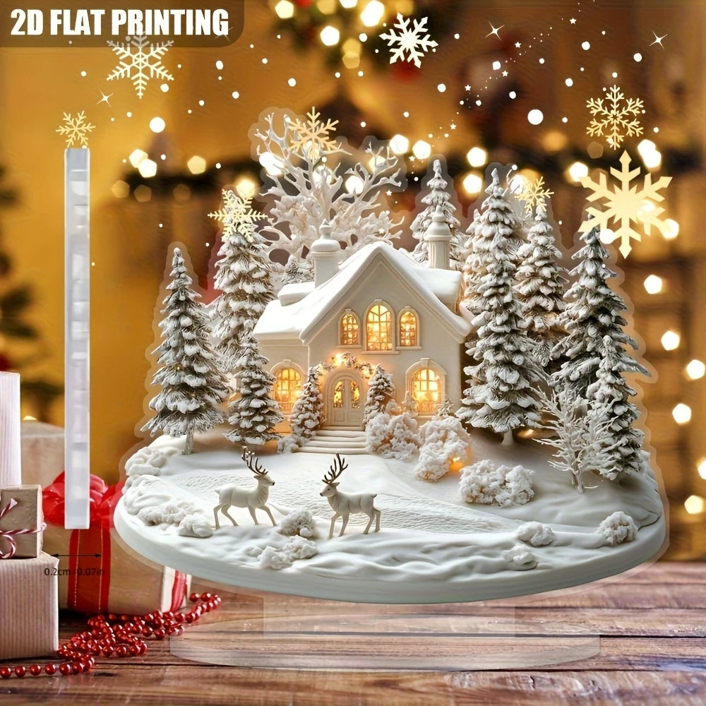 Elegant Acrylic Christmas Snowhouse Reindeer Scene Ornaments