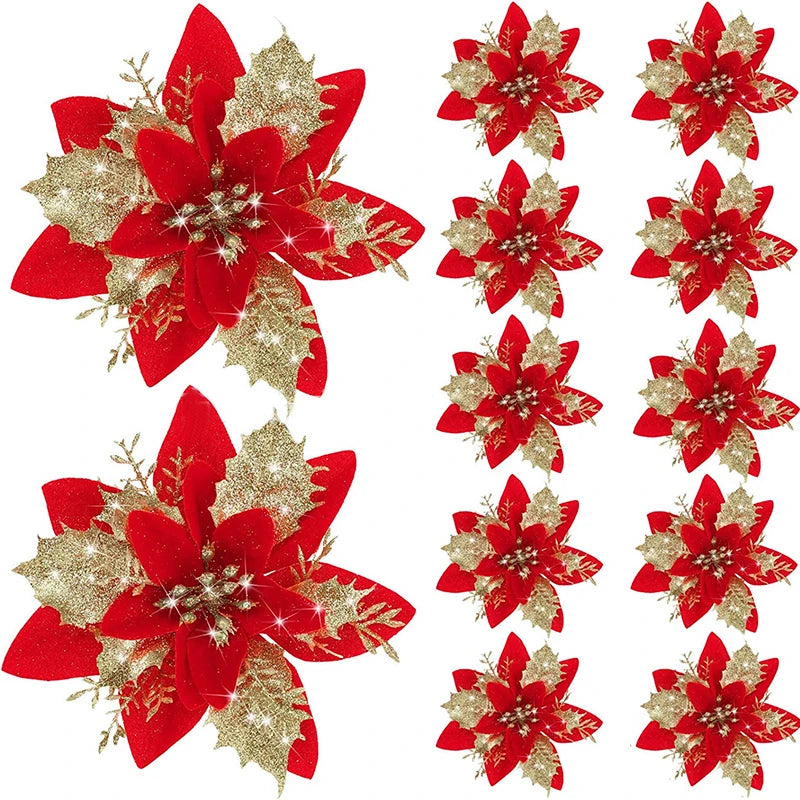 Glitter Artificial Christmas Flowers Merry Tree Ornaments