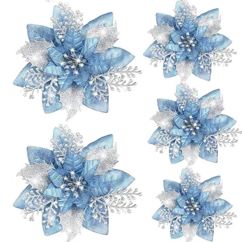 Glitter Artificial Christmas Flowers Merry Tree Ornaments