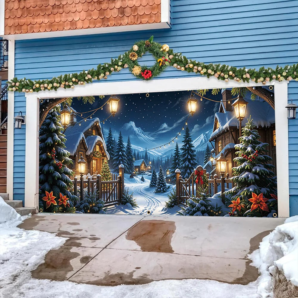 Christmas Night Village Scene Garage Door Banner