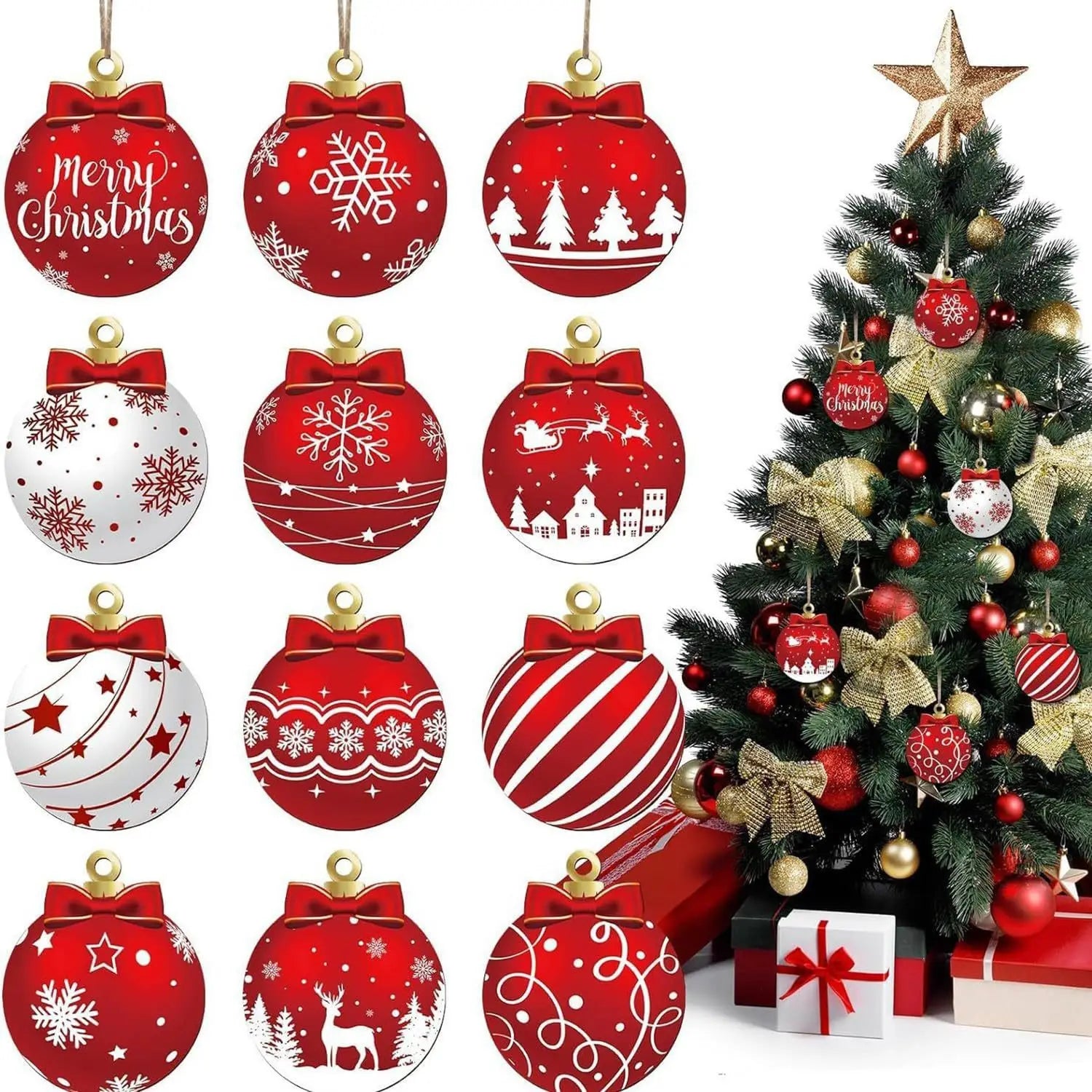 Red White Wooden Christmas Ball Ornament, Elk