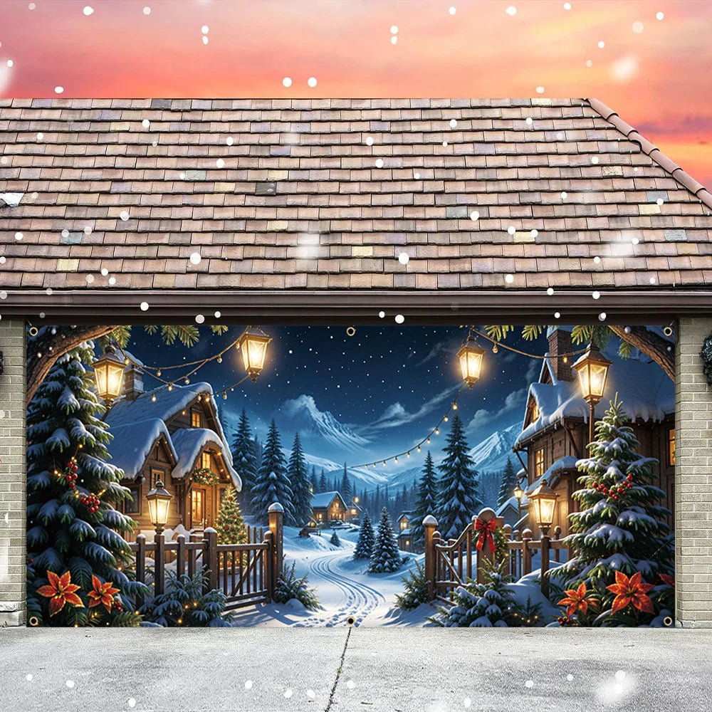 Christmas Night Village Scene Garage Door Banner