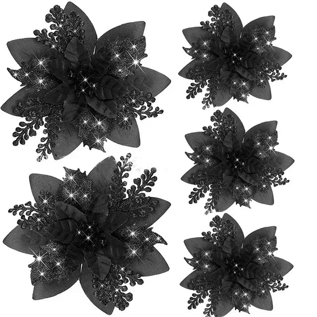 Glitter Artificial Christmas Flowers Merry Tree Ornaments
