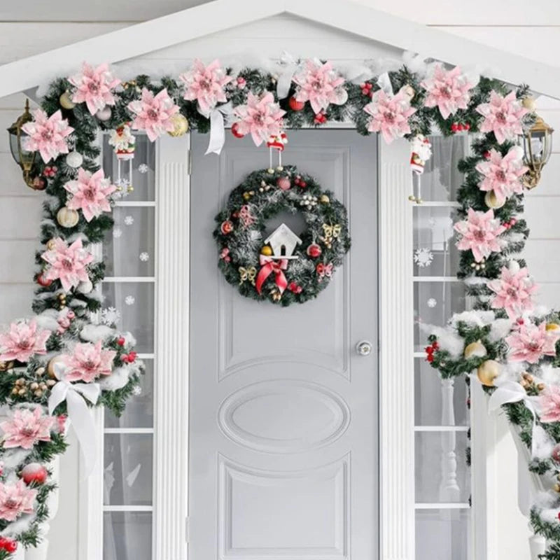 Glitter Artificial Christmas Flowers Merry Tree Ornaments