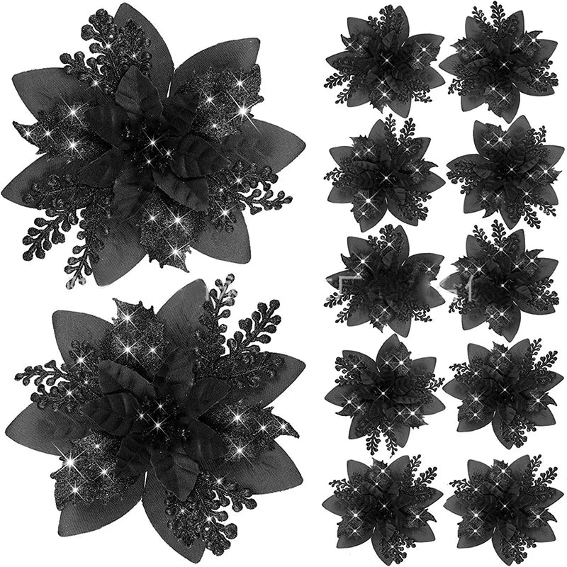 Glitter Artificial Christmas Flowers Merry Tree Ornaments