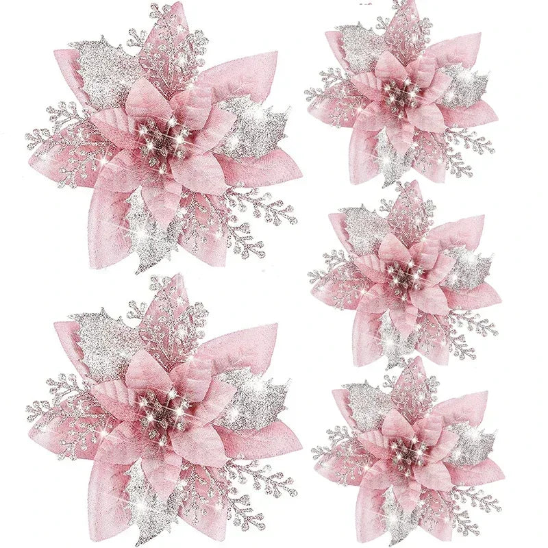 Glitter Artificial Christmas Flowers Merry Tree Ornaments