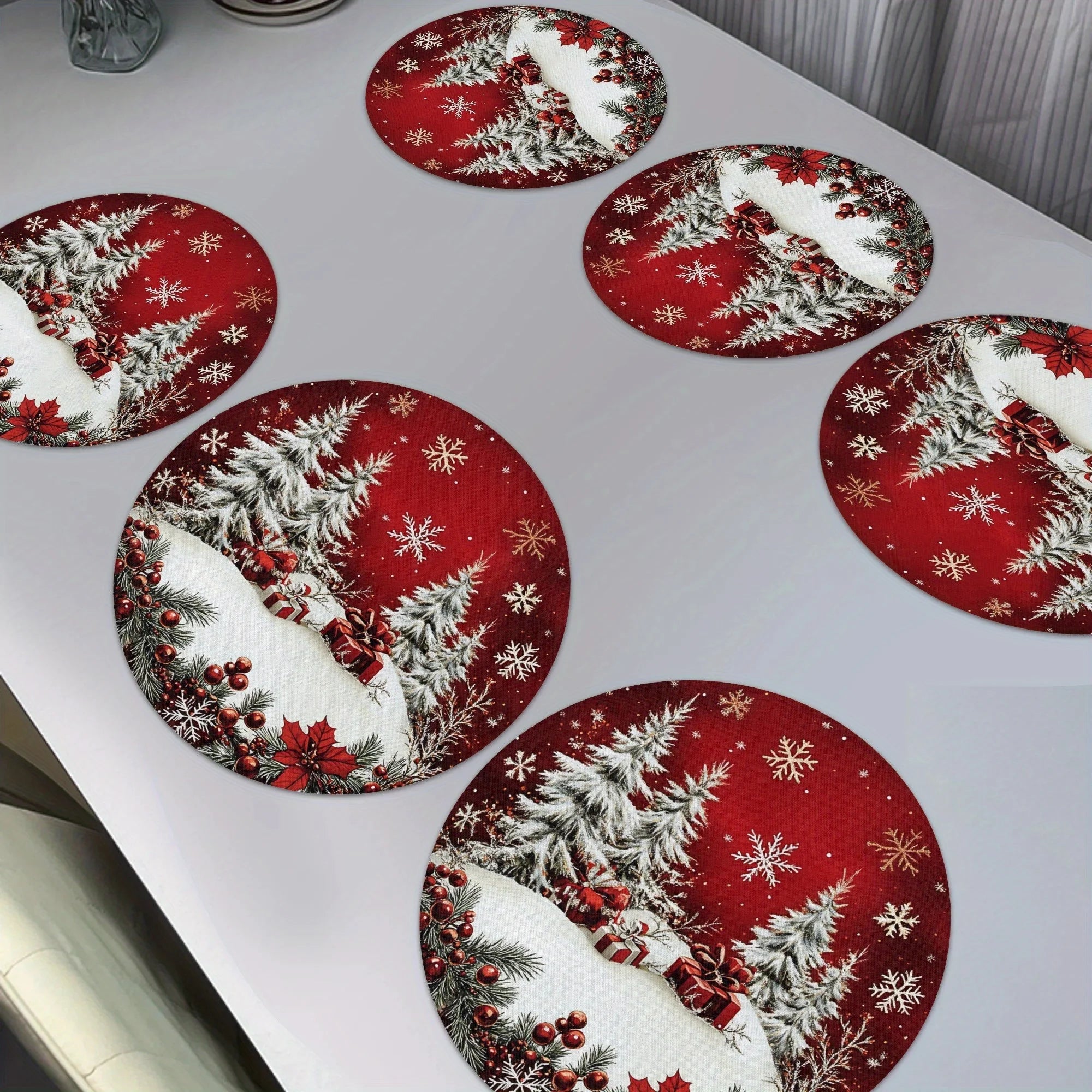 6pcs winter placemat -38cm round, Christmas snowflake pattern, anti slip and heat-resistant, for Christmas decorative placemats