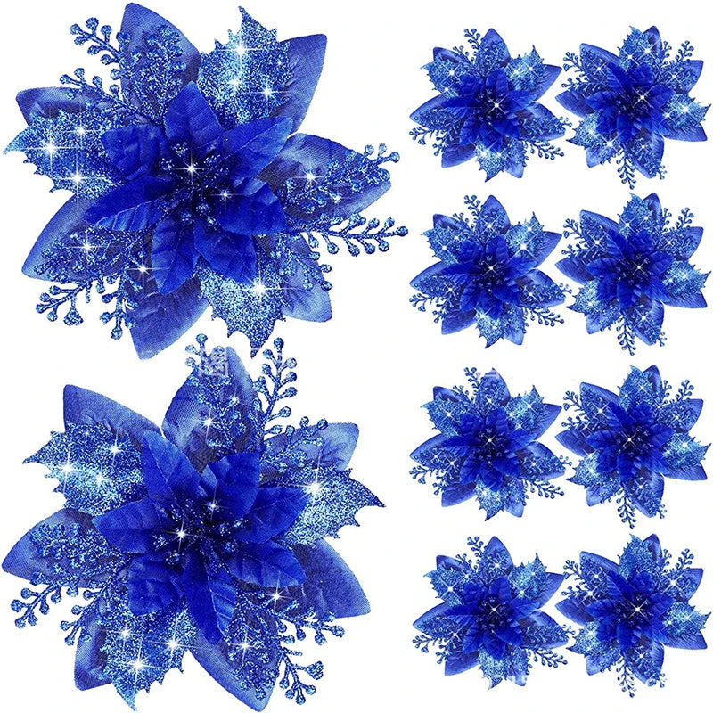 Glitter Artificial Christmas Flowers Merry Tree Ornaments