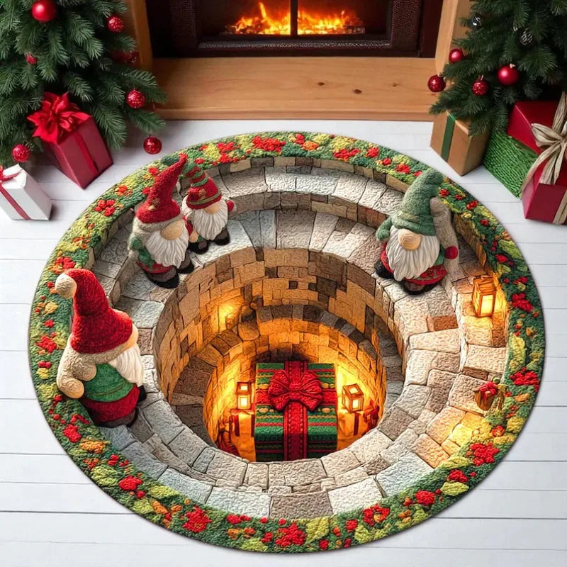 Christmas Gnome Round Rug Illusion Mat Holiday