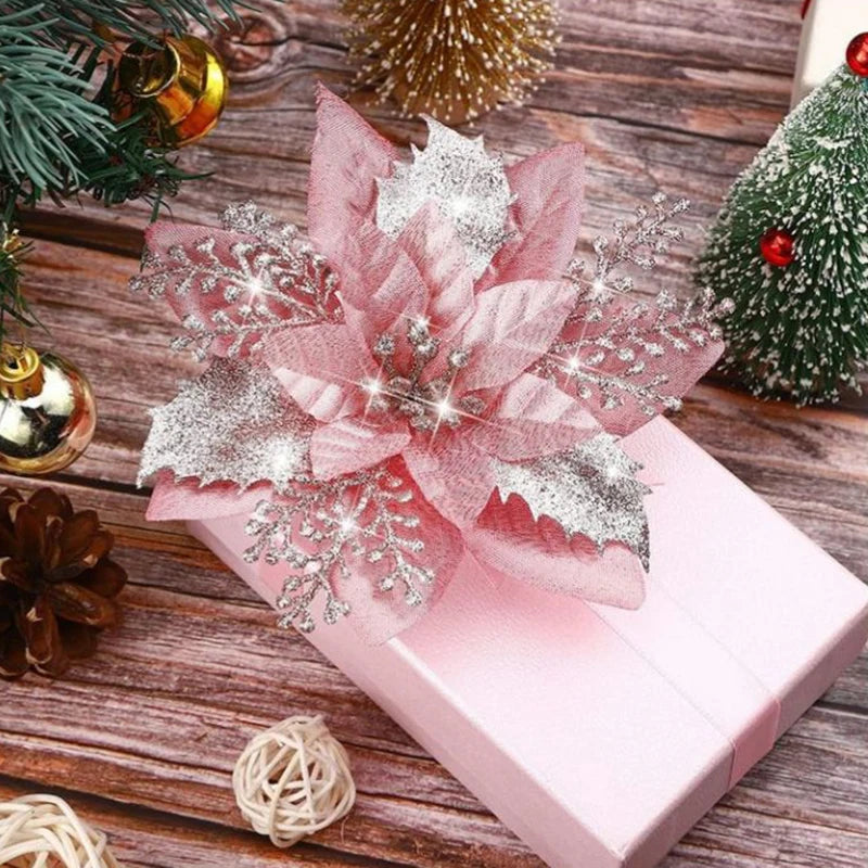 Glitter Artificial Christmas Flowers Merry Tree Ornaments