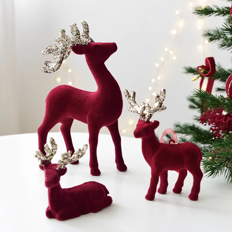 Christmas elk glitter burgundy flocked deer ornament,