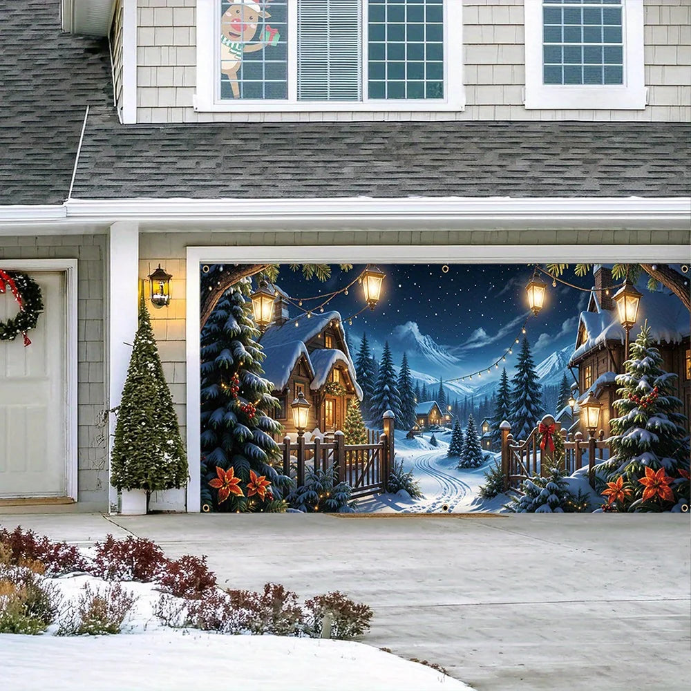Christmas Night Village Scene Garage Door Banner