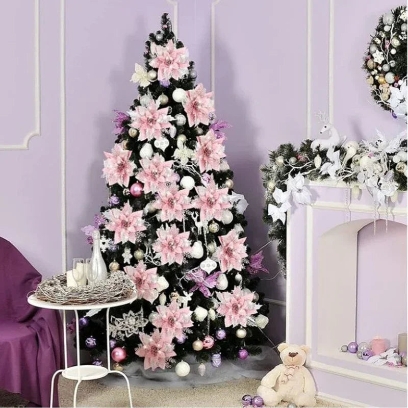 Glitter Artificial Christmas Flowers Merry Tree Ornaments