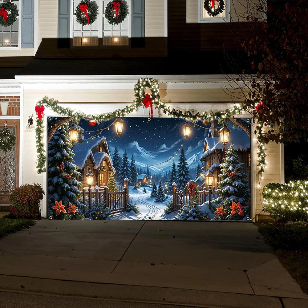 Christmas Night Village Scene Garage Door Banner