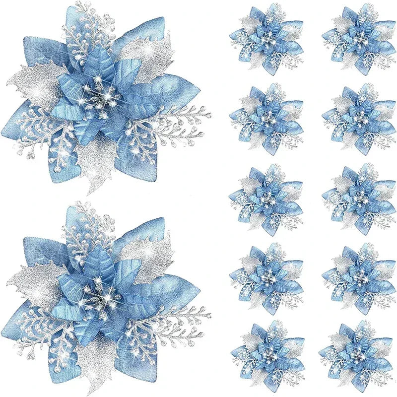 Glitter Artificial Christmas Flowers Merry Tree Ornaments