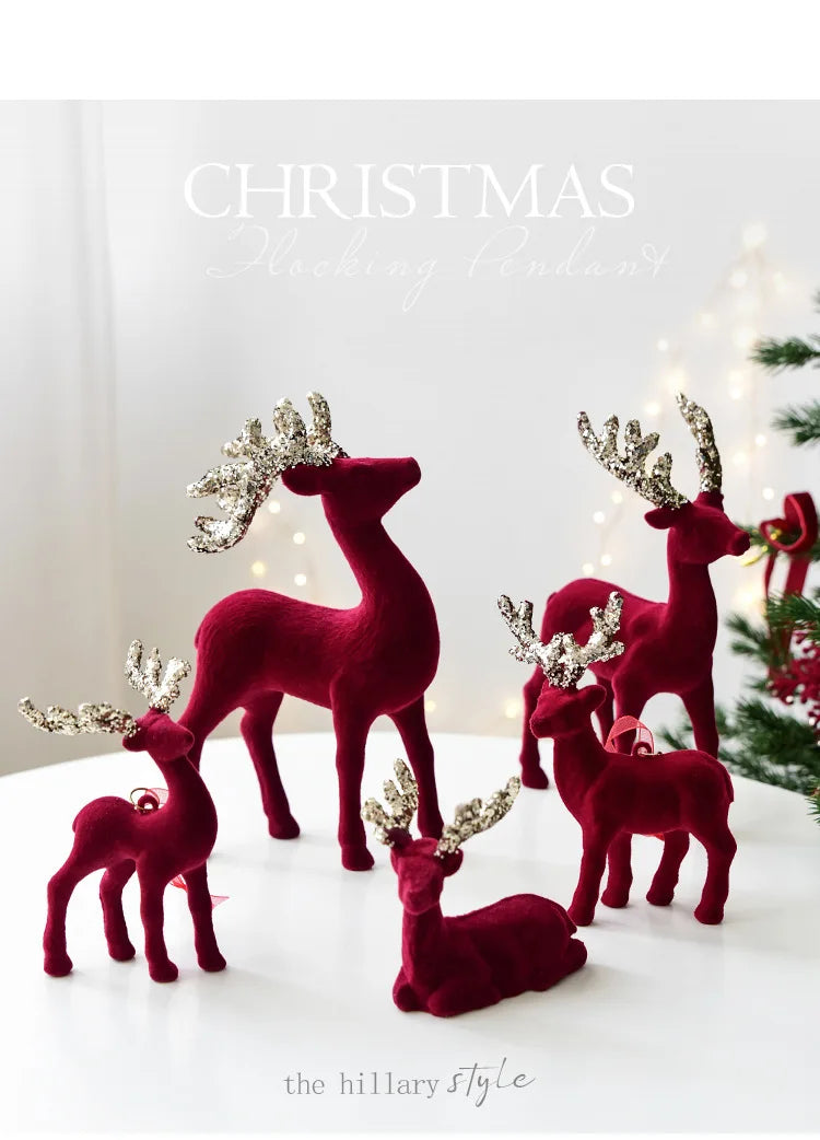 Christmas elk glitter burgundy flocked deer ornament,