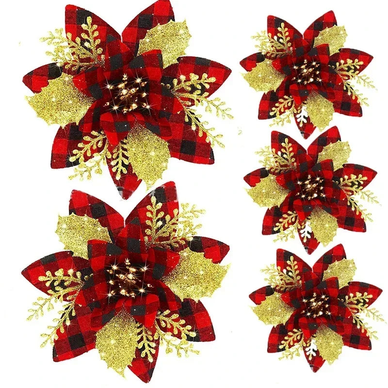 Glitter Artificial Christmas Flowers Merry Tree Ornaments
