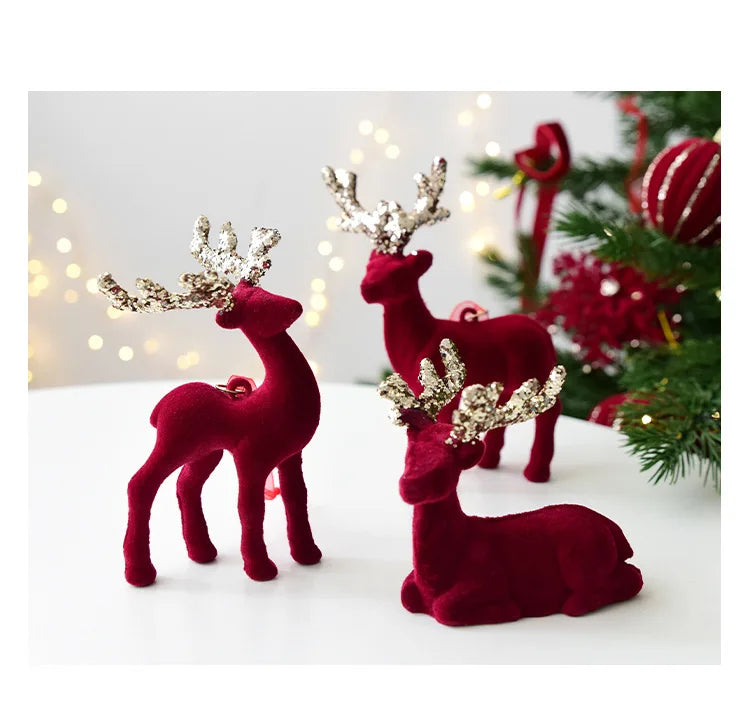 Christmas elk glitter burgundy flocked deer ornament,