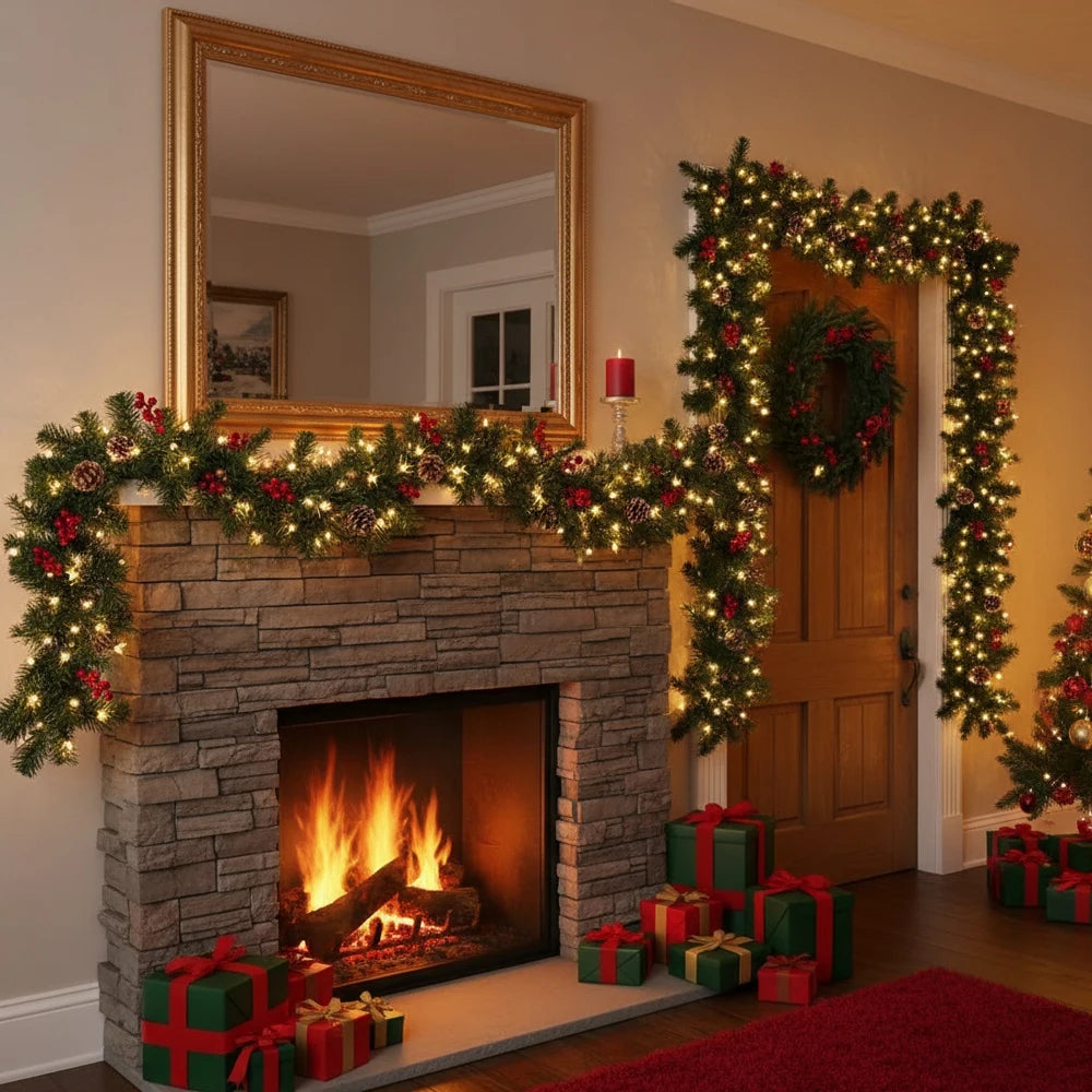 Christmas Garland Wreath With Pinecones Red Berries