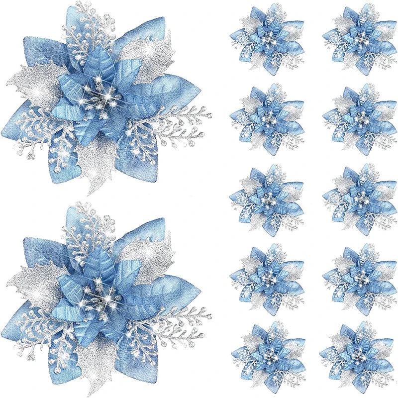 Glitter Artificial Christmas Flowers Merry Tree Ornaments