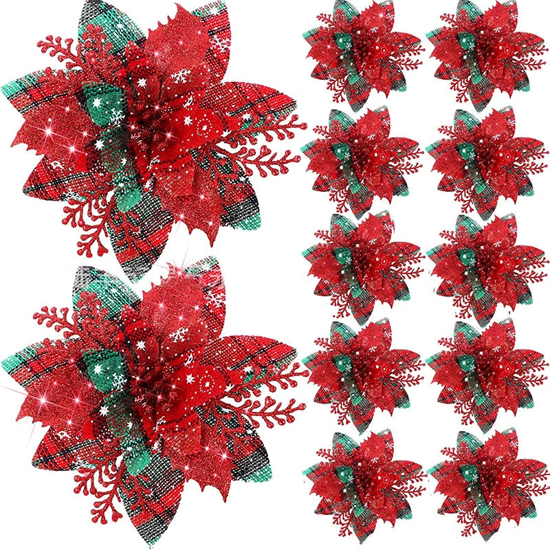 Glitter Artificial Christmas Flowers Merry Tree Ornaments