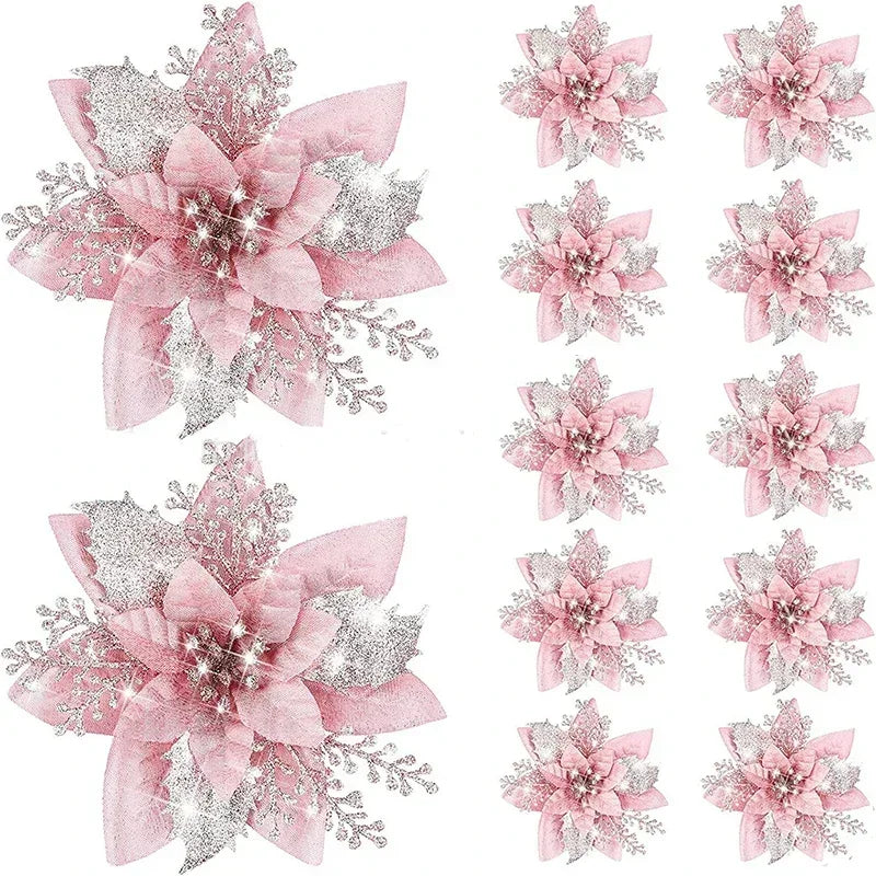 Glitter Artificial Christmas Flowers Merry Tree Ornaments