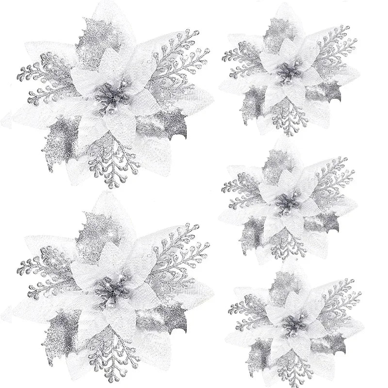 Glitter Artificial Christmas Flowers Merry Tree Ornaments