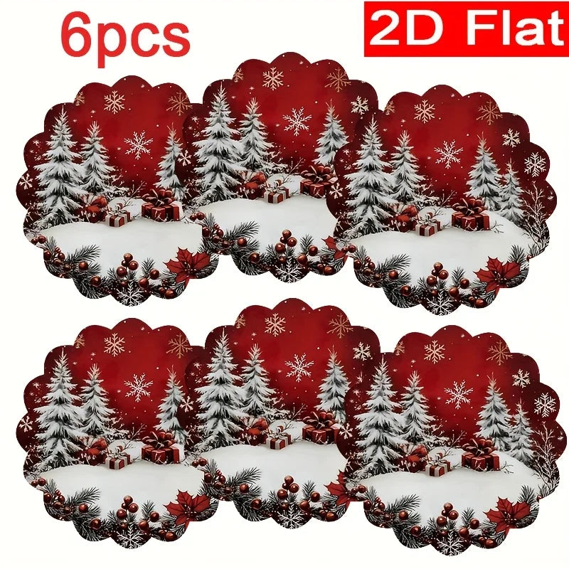 6pcs winter placemat -38cm round, Christmas snowflake pattern, anti slip and heat-resistant, for Christmas decorative placemats