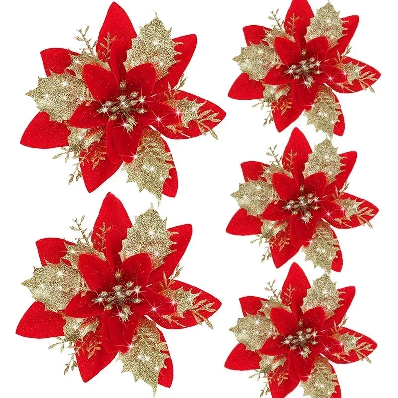 Glitter Artificial Christmas Flowers Merry Tree Ornaments