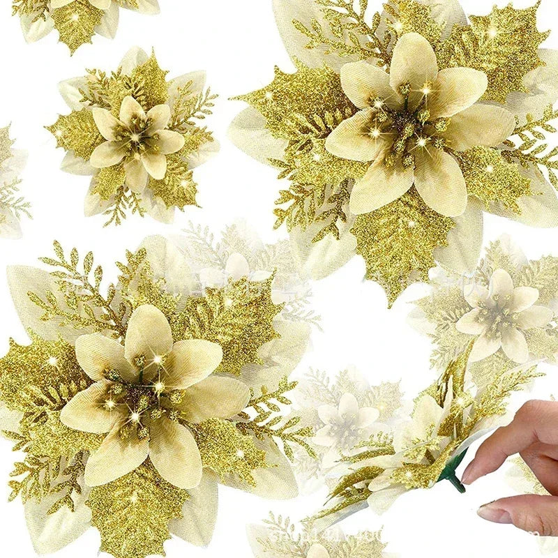 Glitter Artificial Christmas Flowers Merry Tree Ornaments